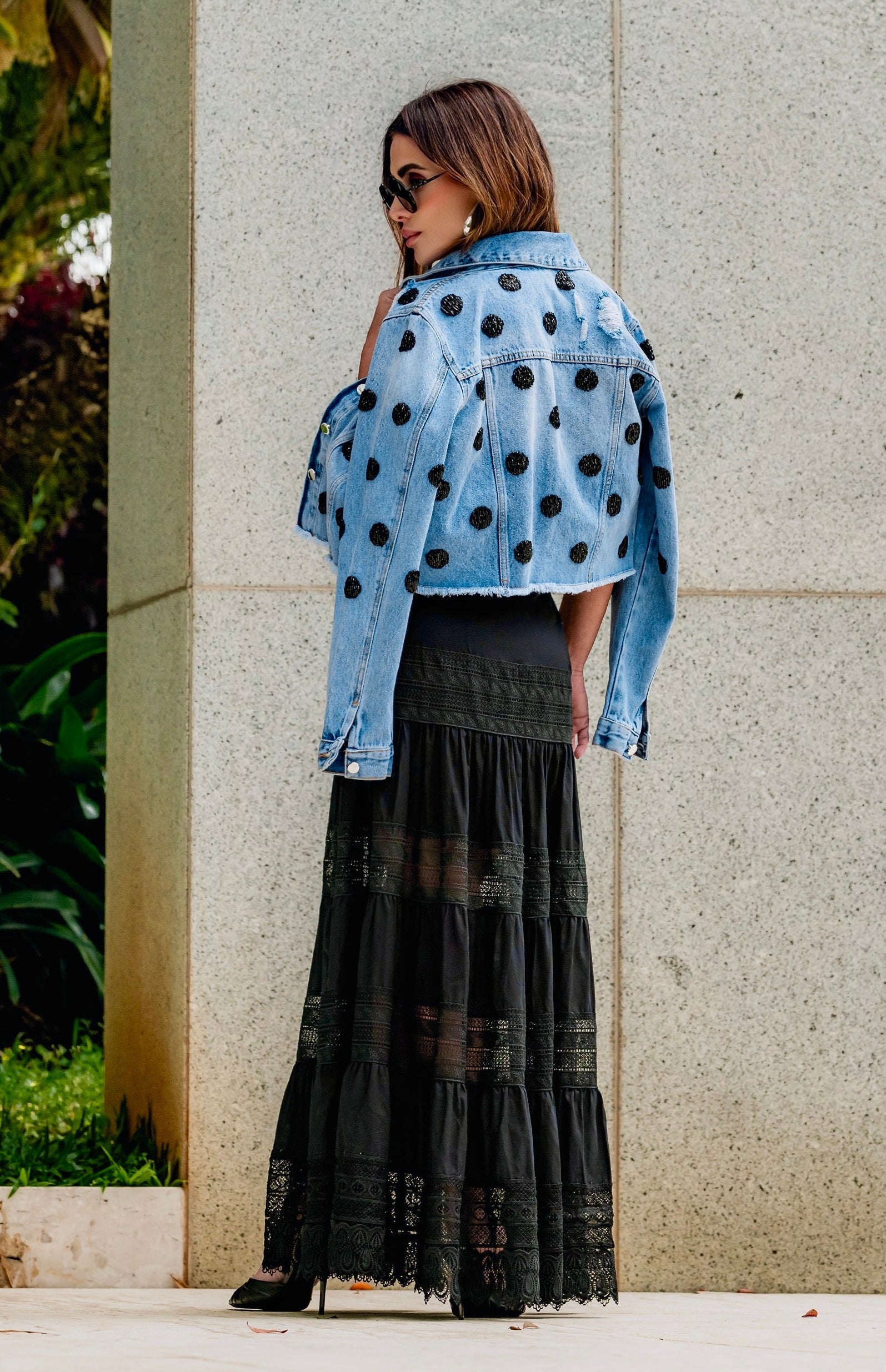 Jaqueta Jeans Bordada Em Mini Poás