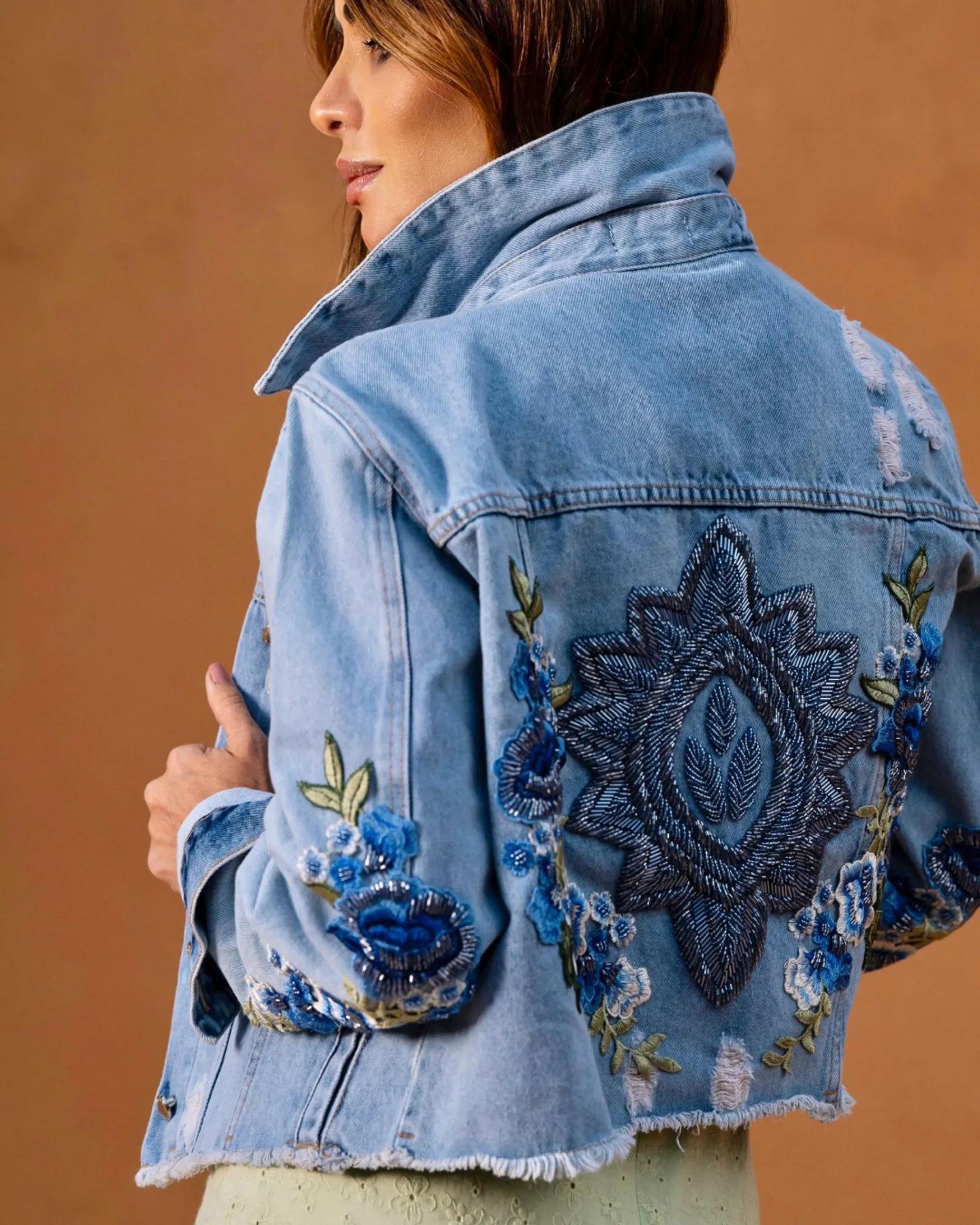 Jaqueta Bordada Mandala Flor Azul
