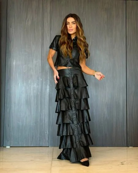 Saia De Couro Com Babados