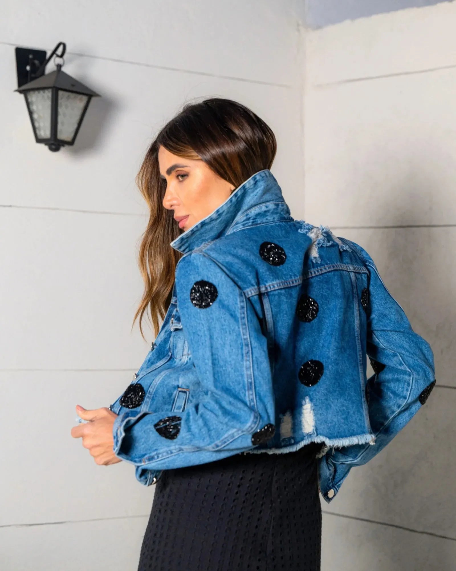 Jaqueta Bordada Poa Preto JEANS ESCURO