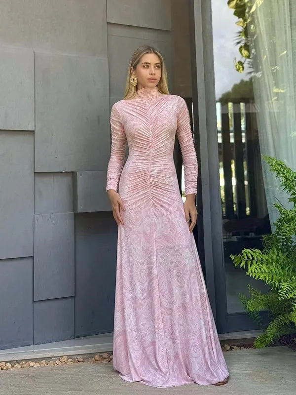 Vestido Longo Franzido Em Tule Manga Longa