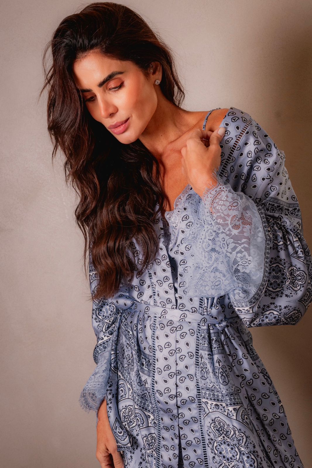 Kimono calça e regata em Cetim de Seda com estampa exclusiva